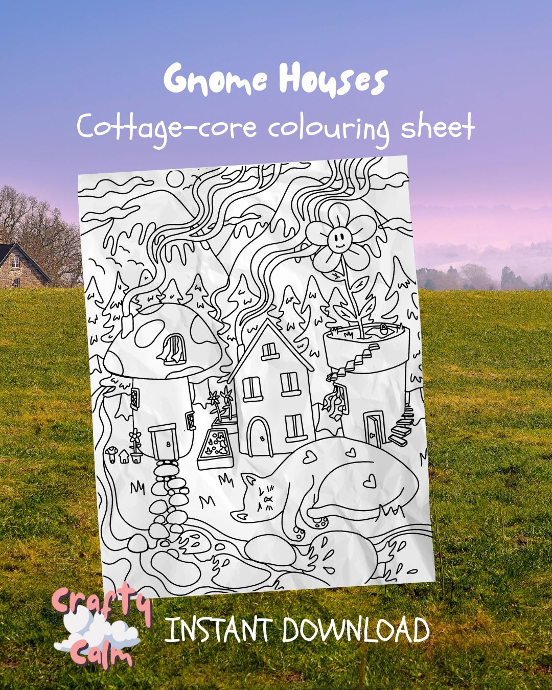Knome houses and cat colouring pages with snails